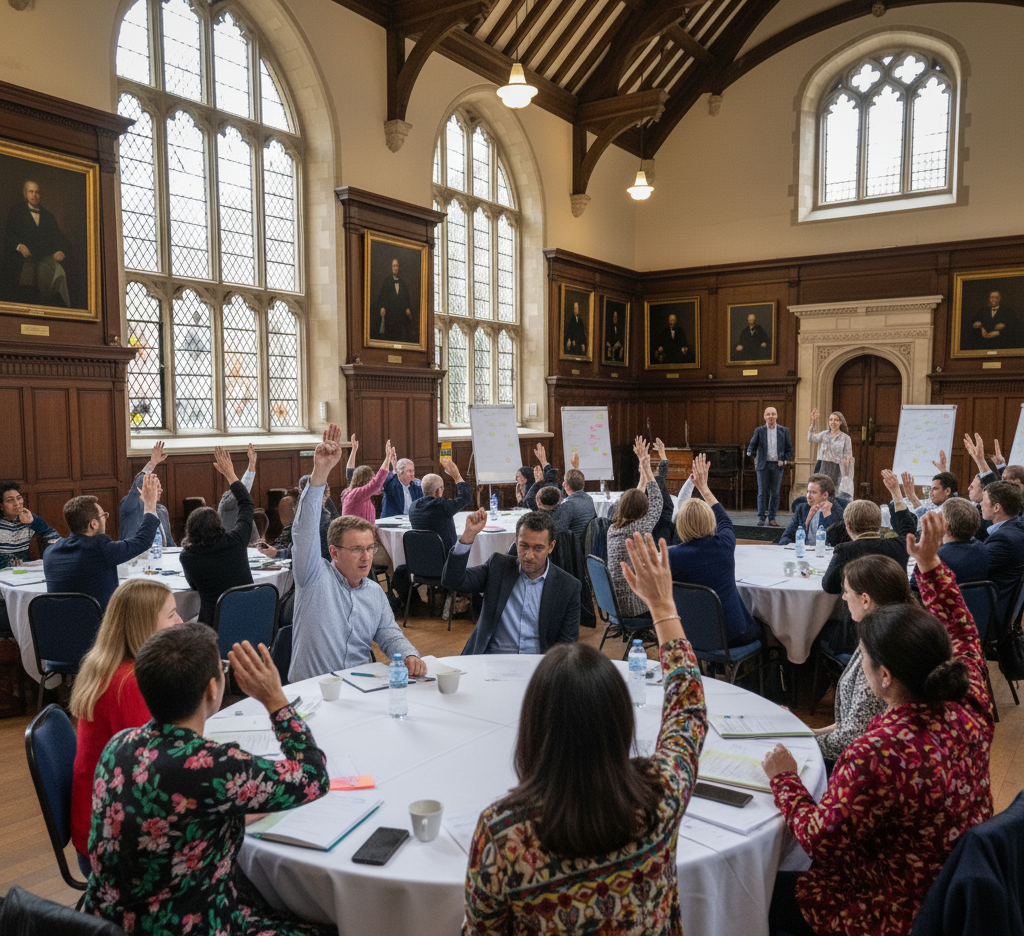 Participants raising hands during a deliberative democracy workshop in a historic hall